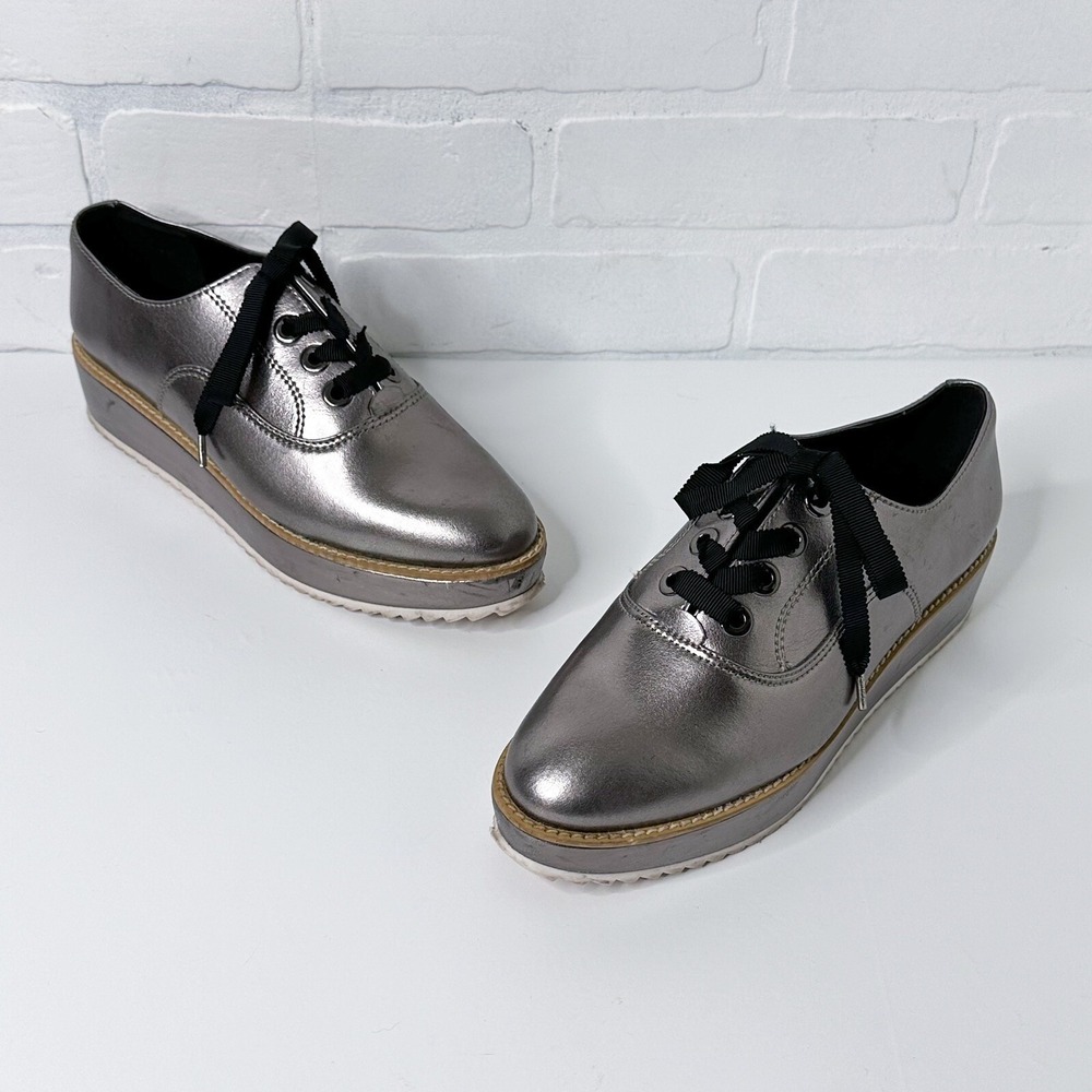 Westies Womens Metallic Silver‎ Platform Oxford Lace Up Shoes Ribbon Laces 7